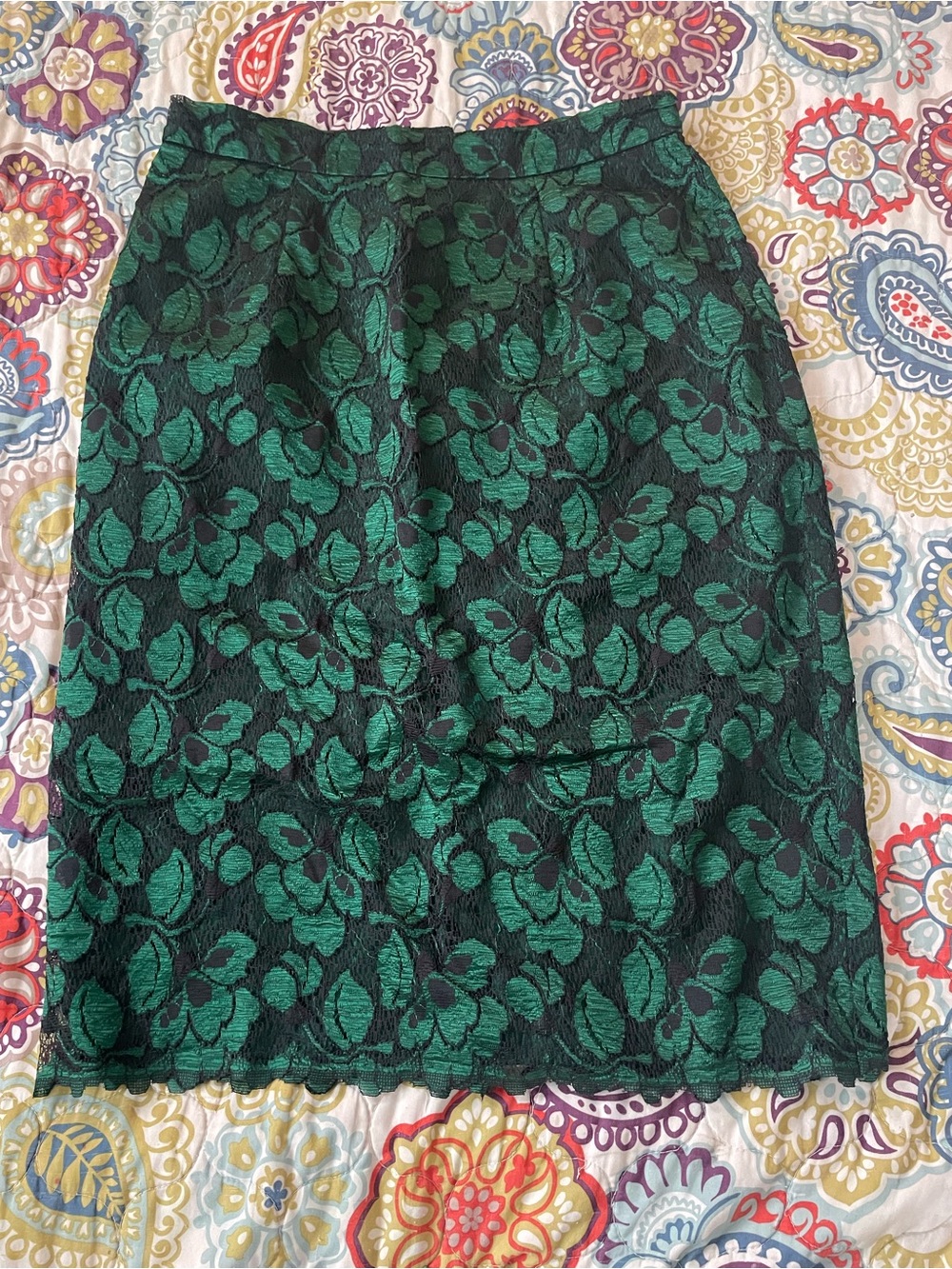 Vintage 90s Green Black Floral Lace Pencil Skirt USA Made